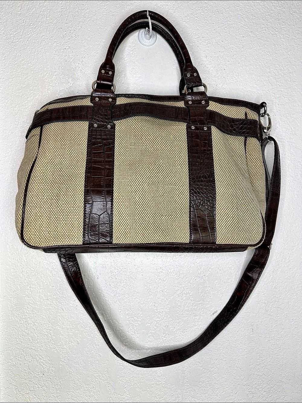 Liz Claiborne Tan Brown Croc Embossed Canvas Tote Shoulder Crossbody Bag